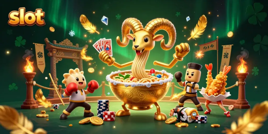 Engage with slots and win at this vibrant digital casino scene featuring animated characters.