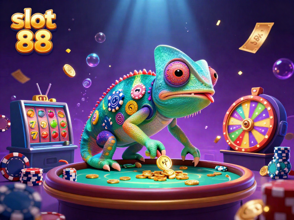Engage with slot 88 and win big, animated chameleon owner, vibrant casino elements in action
