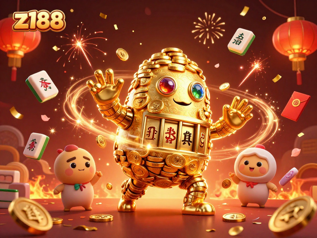 Experience thrilling gameplay at z188 with a golden golem and festive elements enhancing the casino atmosphere.