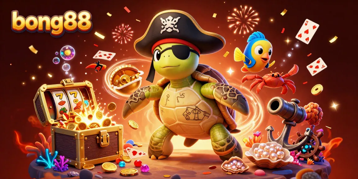 Win big at bong88 with a pirate turtle and treasure in this vibrant slot game illustration.