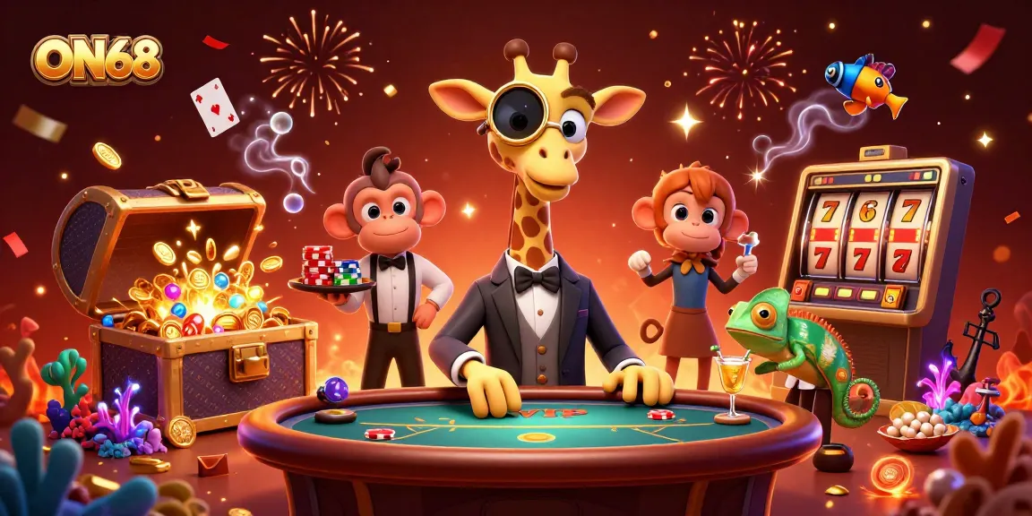Experience premium gaming at ON68 with a lively scene showcasing rich rewards and casino action.