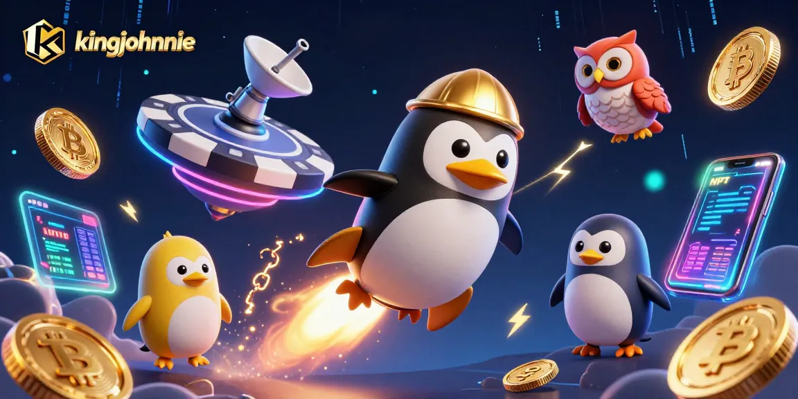 Engage with kingjohnnie as a golden penguin traverses a casino-themed universe filled with crypto elements.