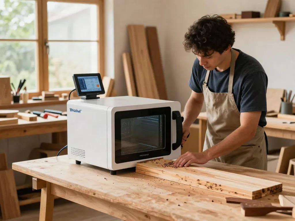 Shashel® microwave device in a workshop eliminating wood-boring insects from wooden materials