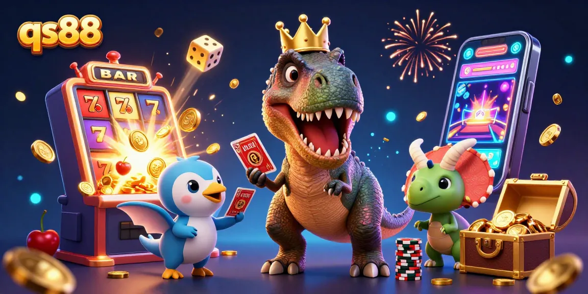 Play and win at qs88 with our vibrant, fun-filled casino adventure illustrating a dinosaur-themed gaming scene!