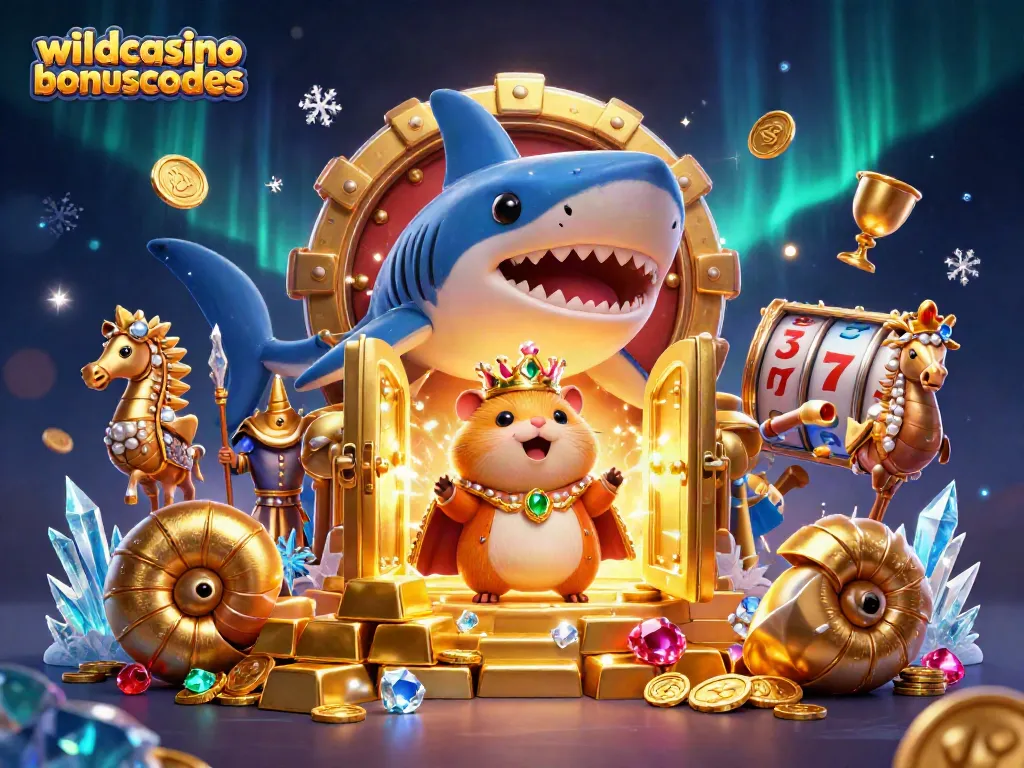 Engage with wildcasinobonuscodes in this vibrant casino-themed 3D illustration featuring a golden hamster king with thrilling slot elements.