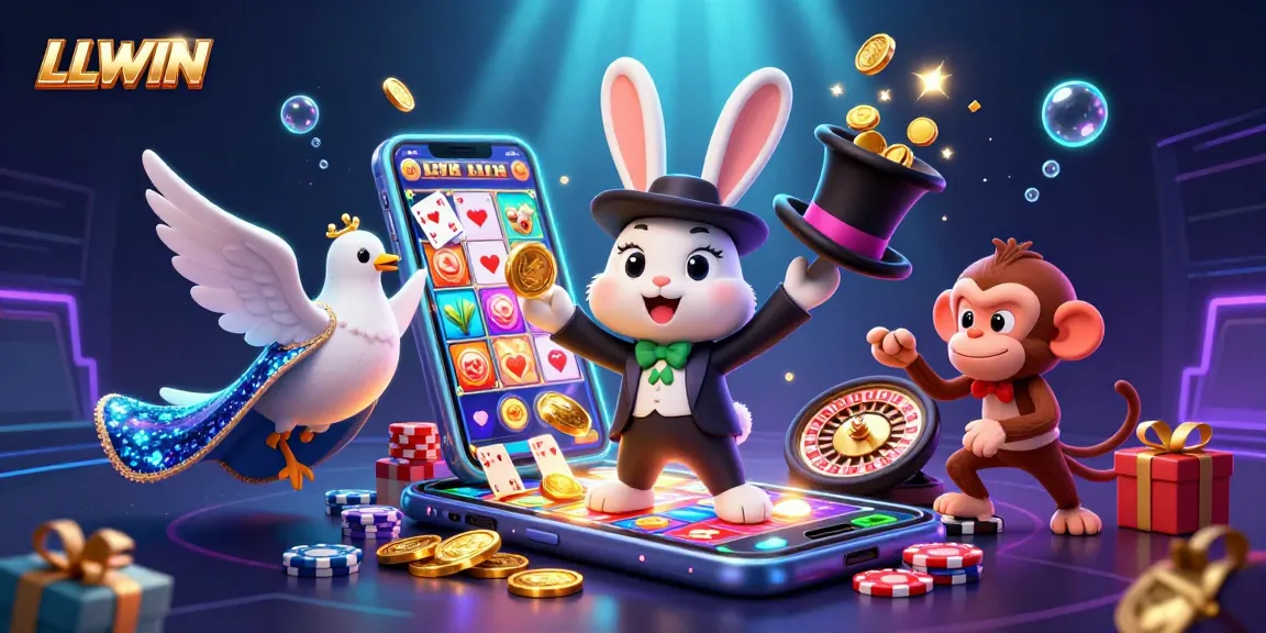 LLWIN brings excitement to online gaming as a magician rabbit conjures coins, captivating players with slot games and poker chips.