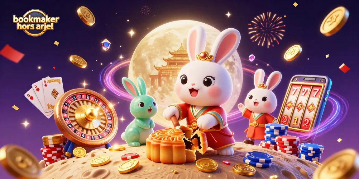 Illustration dynamique d'un bookmaker hors arjel, avec un lapin lunaire et des jetons de poker.