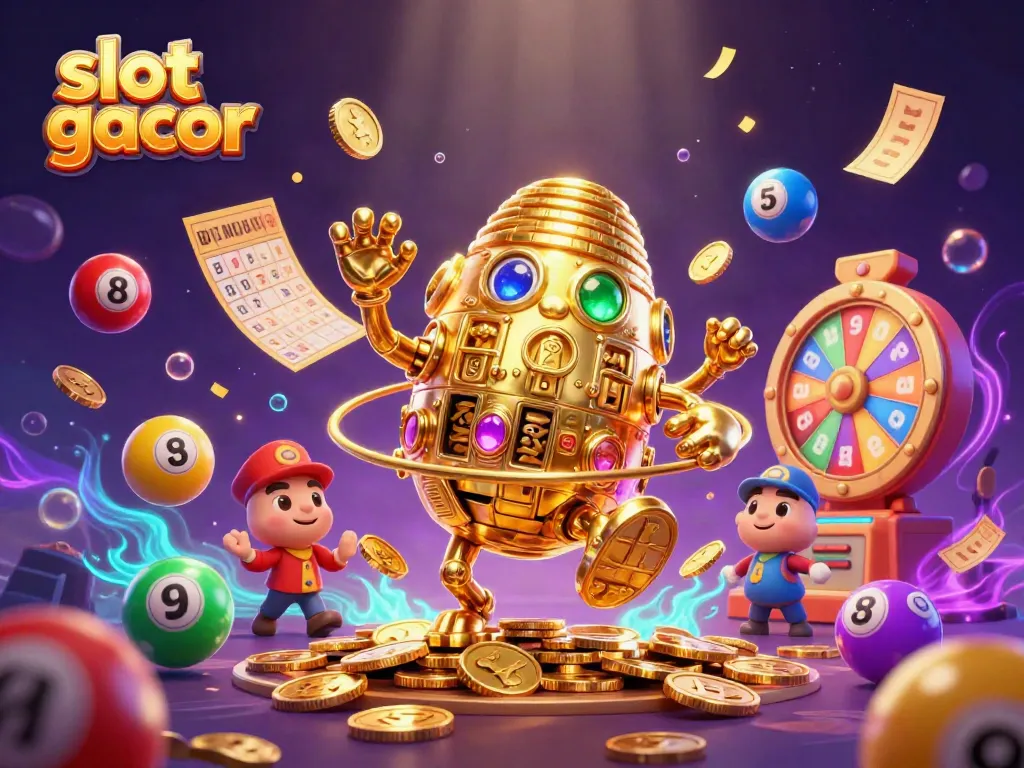 Spin and win with slot gacor, featuring a golden golem and vibrant game elements, in a magical casino scene.