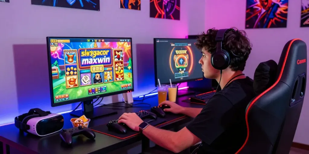 Player experiencing slot gacor maxwin in a trendy gaming setup with vibrant visuals and immersive atmosphere.