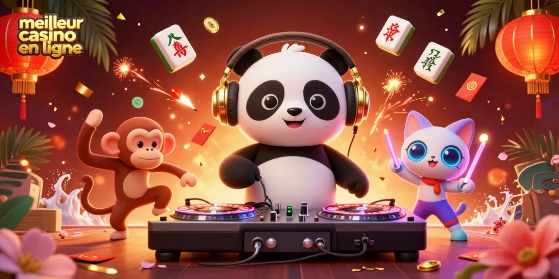 Illustrez l'expérience d'un meilleur casino en ligne avec un panda DJ cartoon et des éléments de jeu vivants.