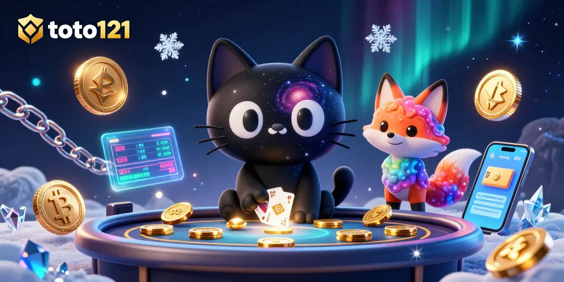 Experience the thrill of toto121 as a cosmic cat pulls in golden chips amidst vibrant crypto elements.
