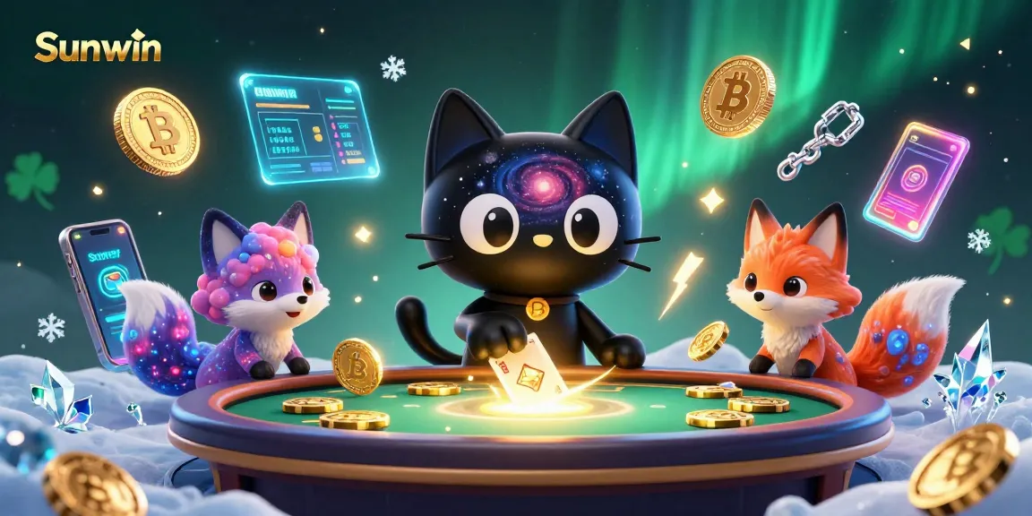 Experience Sunwin's cosmic casino magic with a black hole cat and nebula fox collecting chips.