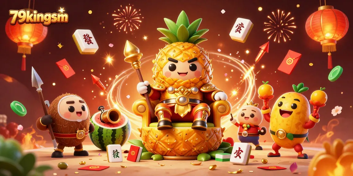Engage with 79kingsm at a vibrant beach casino featuring a golden pineapple king and playful characters.