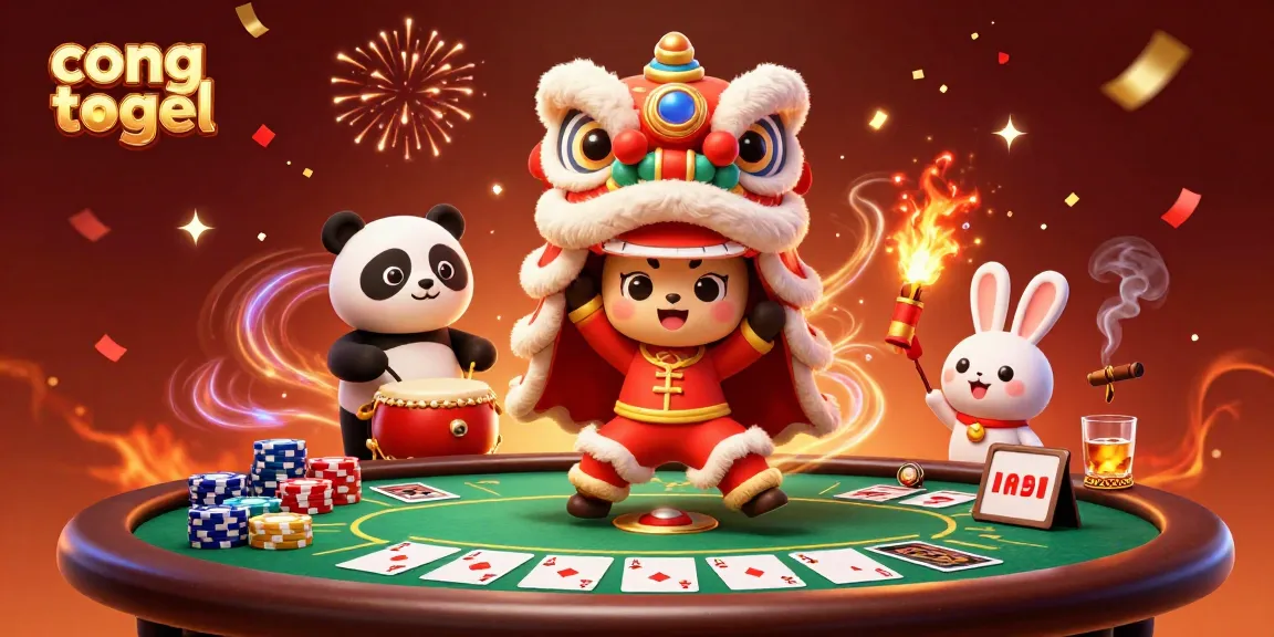 Join the excitement of cong togel with a vibrant casino-themed 3D illustration showcasing a lively lion dance.