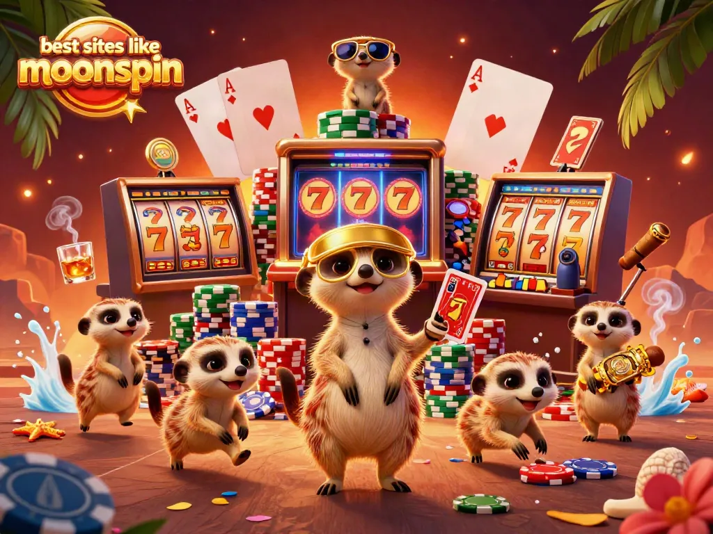 Experience thrilling gameplay at best sites like moonspin featuring a vibrant casino scene with meerkats.