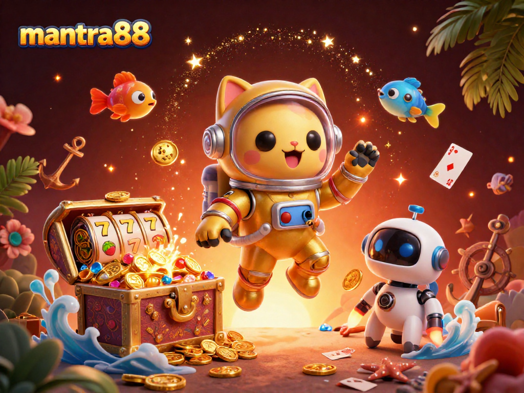 Experience mantra88 with an engaging slot game scene featuring a golden astronaut cat and treasures.
