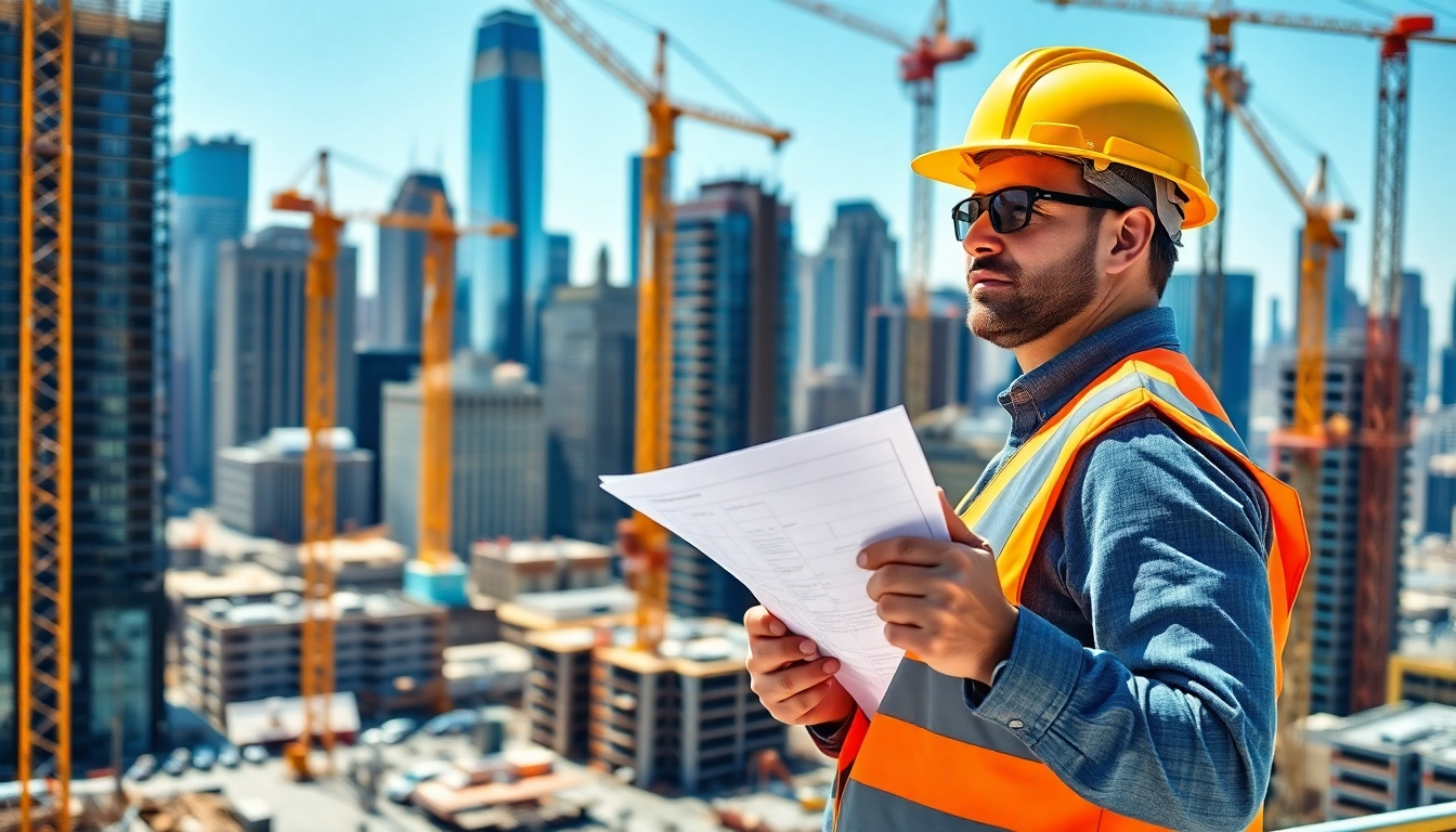 New York City Construction Manager supervising an active construction site with workers and cranes.