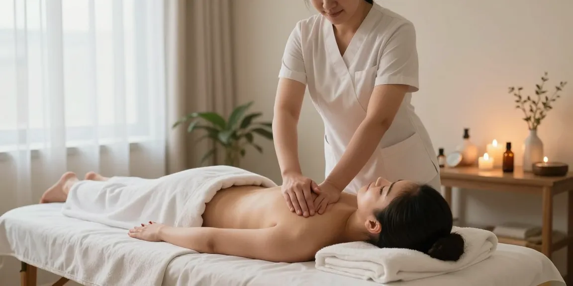 마사지 테라피를 받는 고객과 전문가의 모습, 아로마 오일과 조용한 분위기 속에서의 힐링