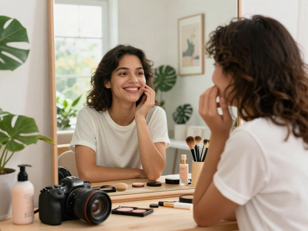 Test of attractiveness showcased through a person radiating confidence while exploring beauty in a stylish room.
