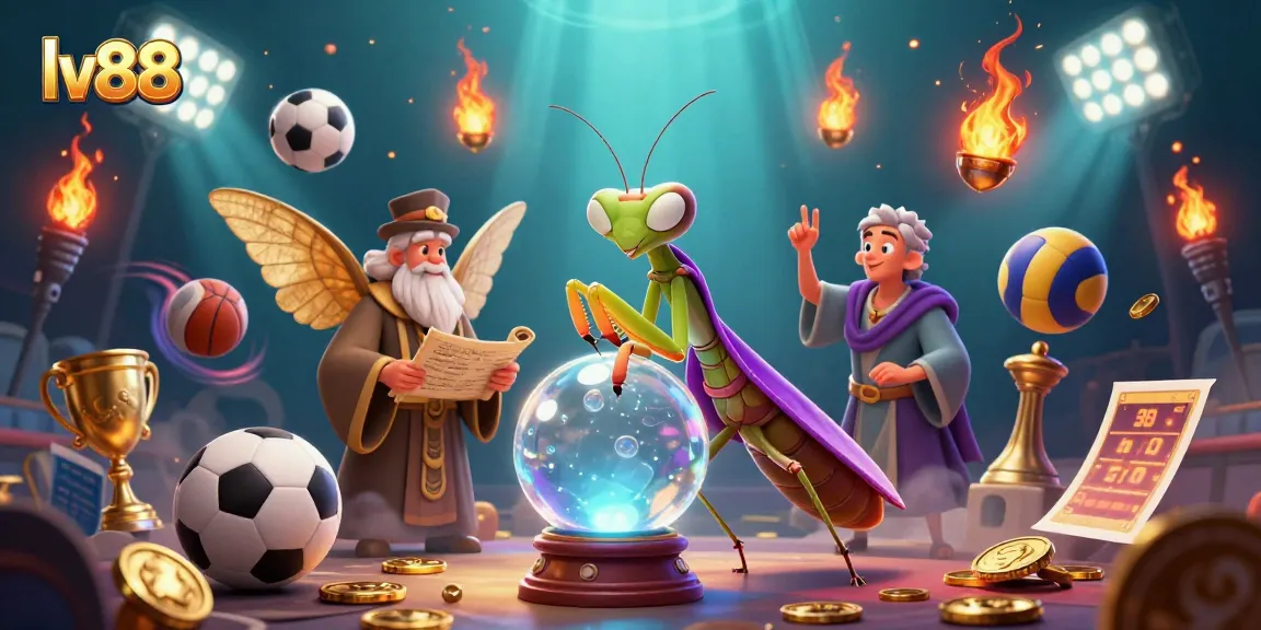 Engage in thrilling sports betting with lv88 as flying sports balls and a fortune teller create a dynamic casino scene.