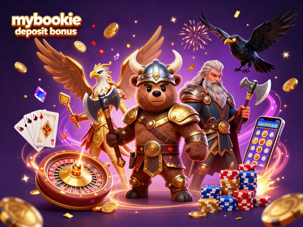 Claim big wins with the MyBookie deposit bonus featuring iconic 3D characters in a vibrant casino scene.