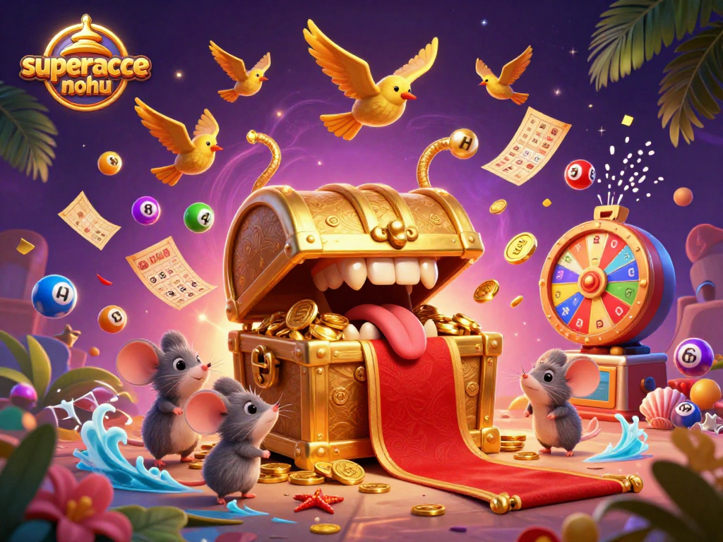 Engage with superace-nohu as colorful lottery balls bounce around a whimsical treasure chest scene.