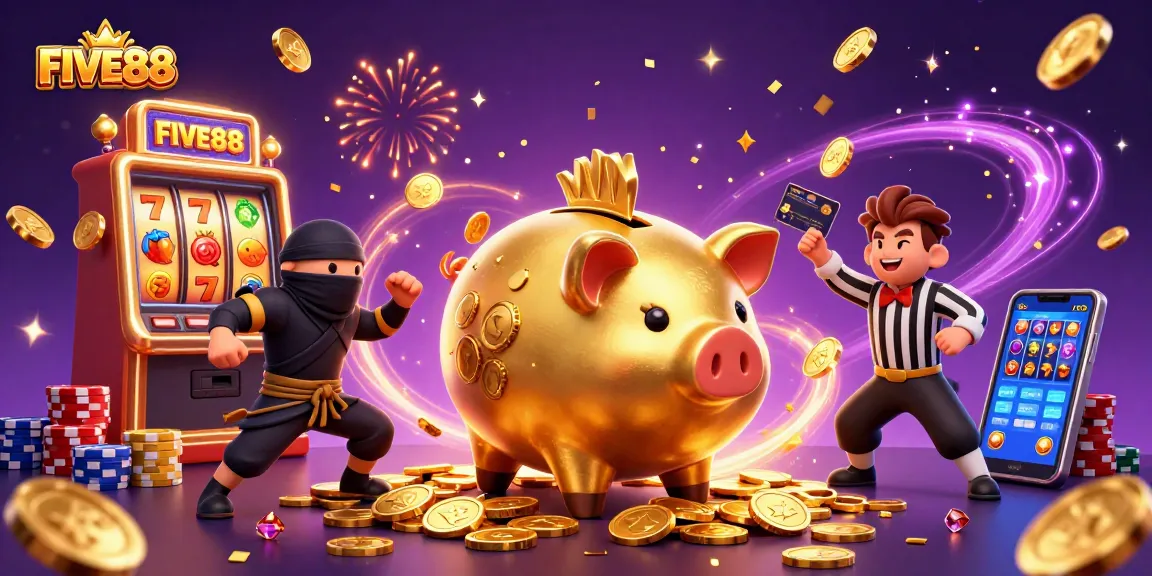 Experience exciting jackpots at FIVE88 with a vibrant 3D casino scene filled with coins and characters.