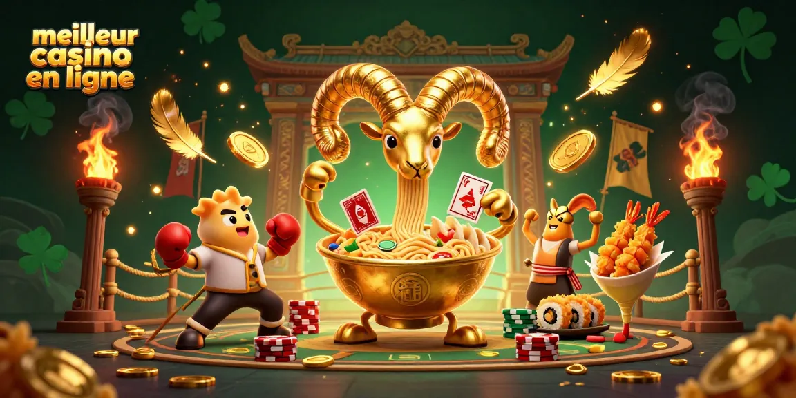 Illustration dynamique d'un meilleur casino en ligne avec un bol de ramen géant, des cartes et des jetons de jeu.
