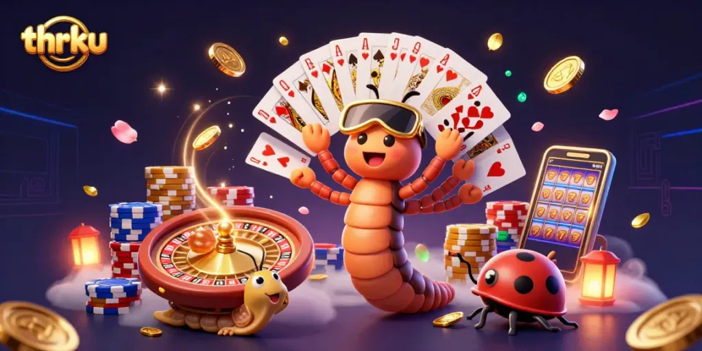 Experience thrilling gameplay with thrku's animated casino scene featuring a vibrant millipede dealer.