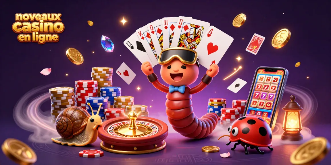 Illustration 3D de nouveaux casinos en ligne avec un croupier mille-pattes et des billets de jeu éblouissants.