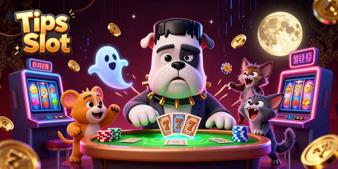 Experience thrilling Tips Slot action with a lively illustration of a bulldog monster and characters at a casino.