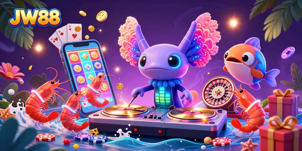 Experience the vibrant universe of JW88 with a neon axolotl DJ spinning golden records, offering thrilling gaming adventures.