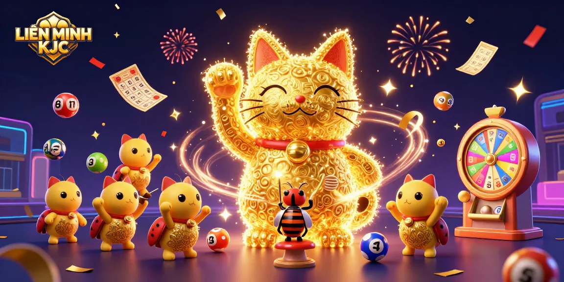 Join the excitement at LIÊN MINH KJC while enjoying vibrant lottery balls, golden tickets, and lively casino symbols.