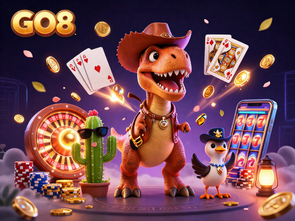 GO8 features an engaging casino scene with a T-Rex and friends amidst vibrant gaming elements.