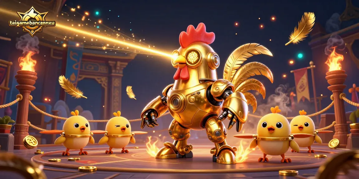 Experience the thrilling action of taigamebancaanxu with a golden rooster robot and swirling golden symbols.
