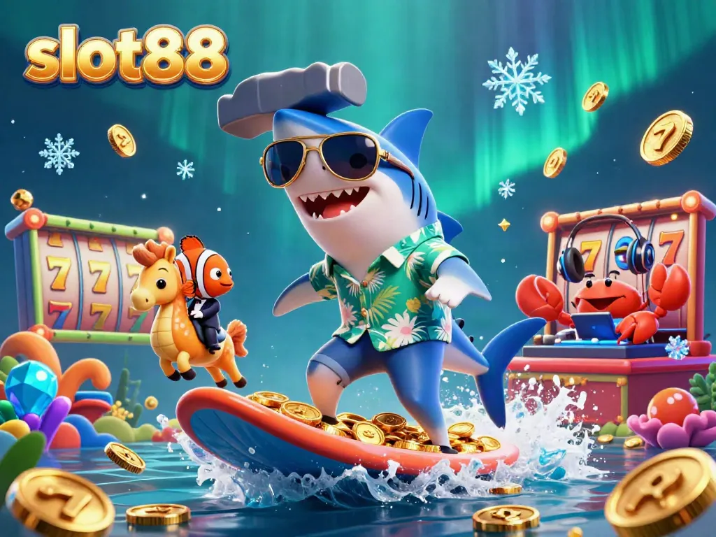 Experience the excitement of slot88 with a shark and fish characters amidst gold coins and gaming reels.
