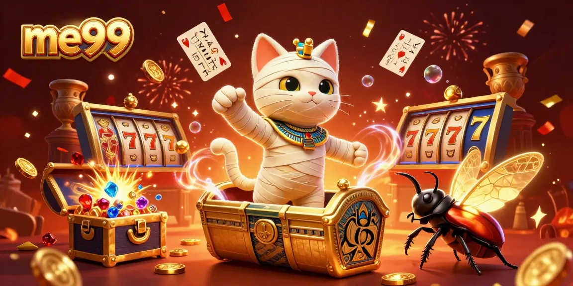 Engage with me99's dynamic casino adventure featuring a mummy cat, scarab beetle, and exciting slot elements.