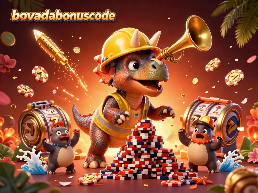 Engage with the bovadabonuscode experience in a vibrant casino-themed 3D illustration featuring triceratops and festive elements.