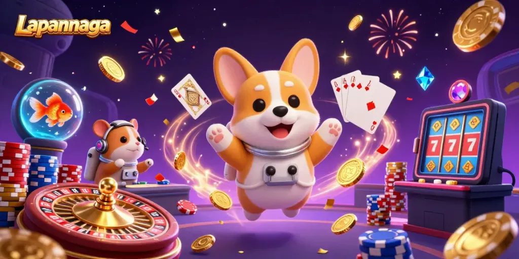 Lapannaga casino illustration with a corgi astronaut and floating coins in a space station casino.