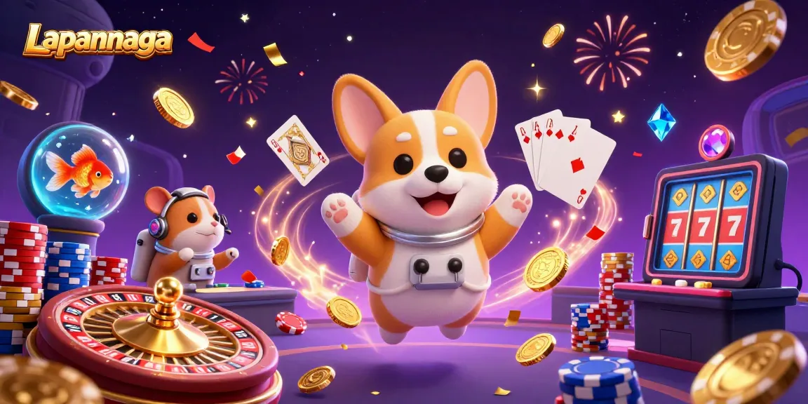 Lapannaga casino illustration with a corgi astronaut and floating coins in a space station casino.