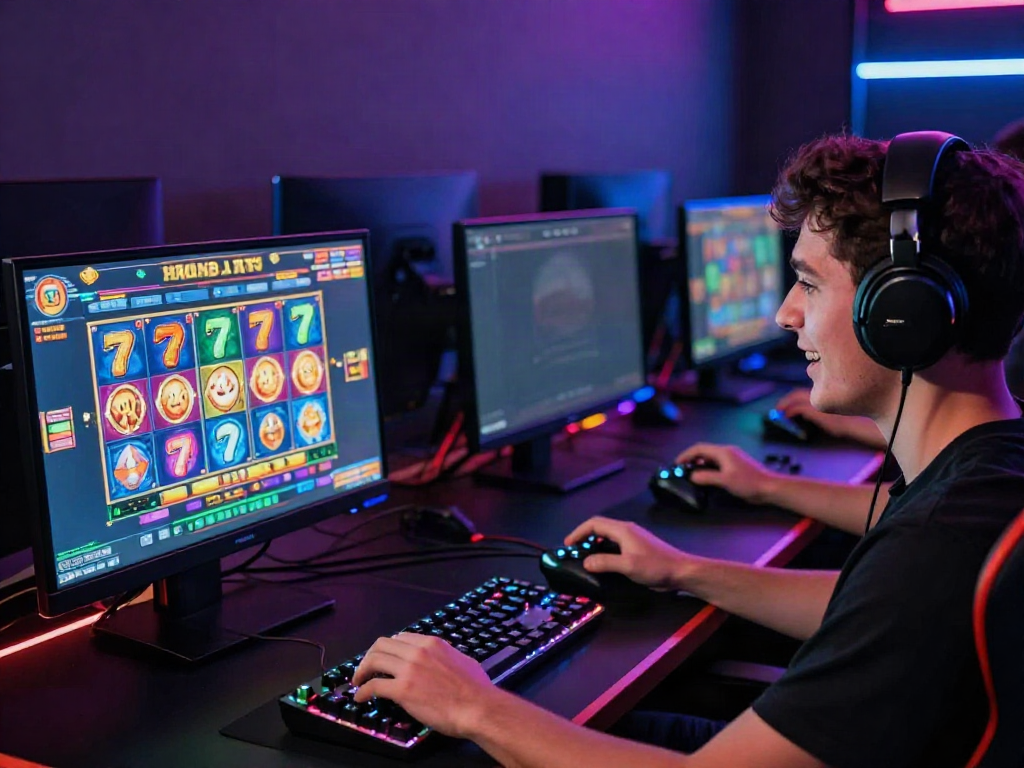 Pemain bersemangat memainkan game slot777 di ruang permainan dengan lampu LED yang meriah.