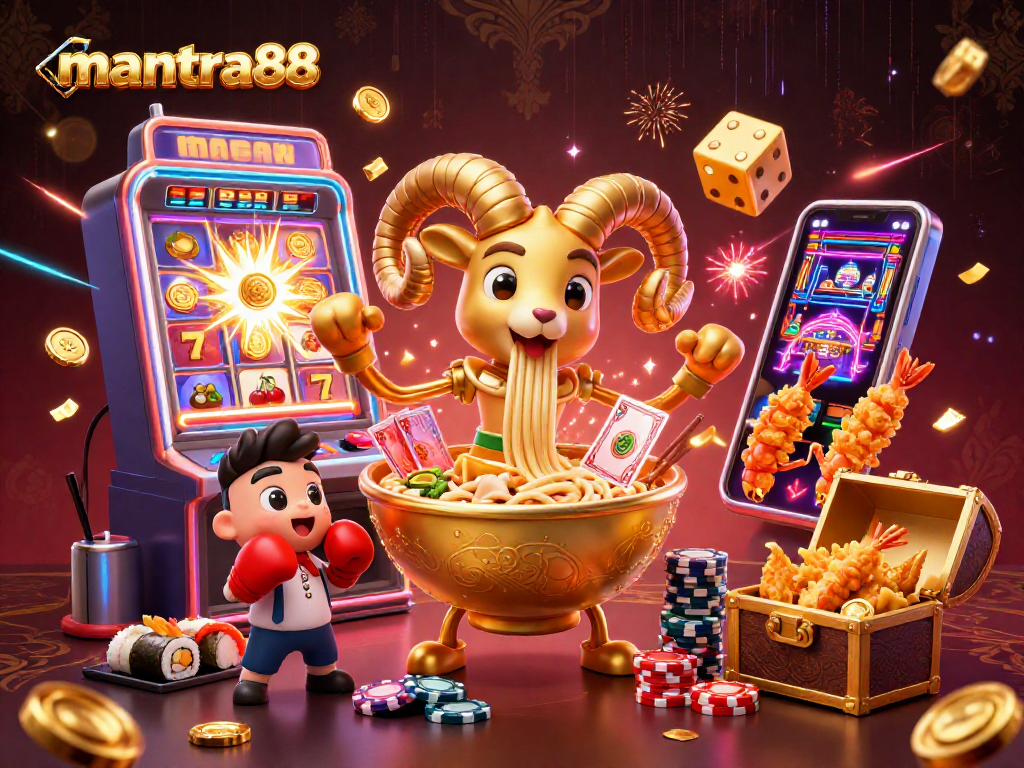 Watch the mantra88 giant golden ramen bowl delight players as it deals cards and chips in this vibrant casino scene.