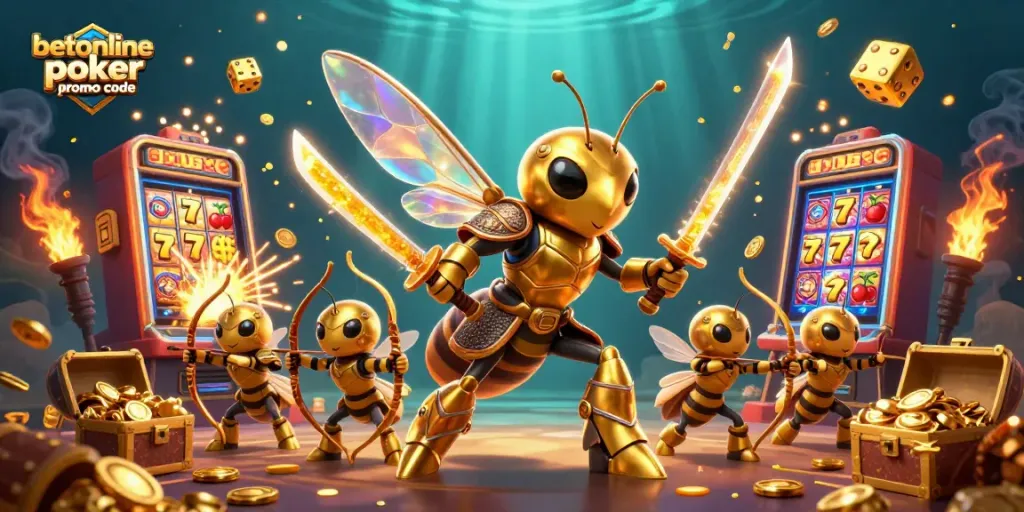 Claim your BetOnline poker promo code with an exciting casino scene featuring a samurai hornet and cash prizes.