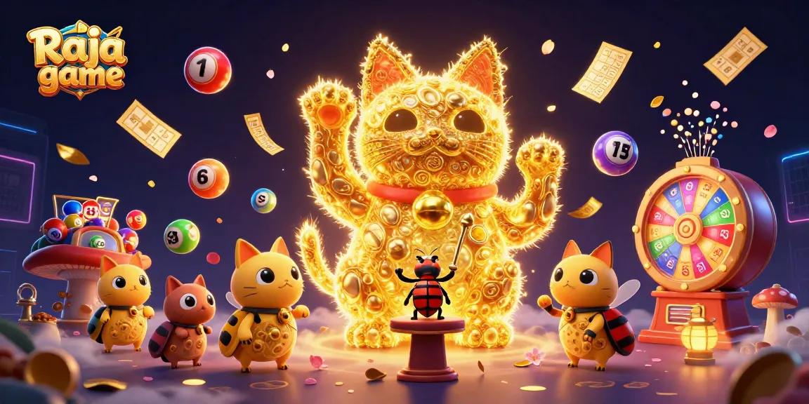 Experience excitement with Raja game through colorful lottery elements and a lucky cat in this vivid scene.