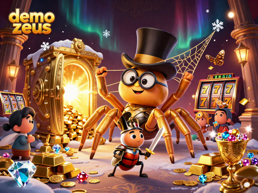 Demo zeus menampilkan ratu laba-laba emas dan ksatria kecil di kasino, dengan harta dan simbol slot.
