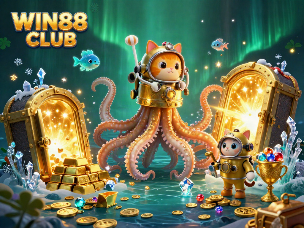 WIN88 CLUB showcases a thrilling underwater adventure with a kraken and diving cat capturing treasure.
