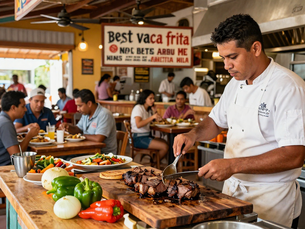 Discovering the best vaca frita near me in a lively Cuban restaurant setting, showcasing chefs and vibrant dishes.
