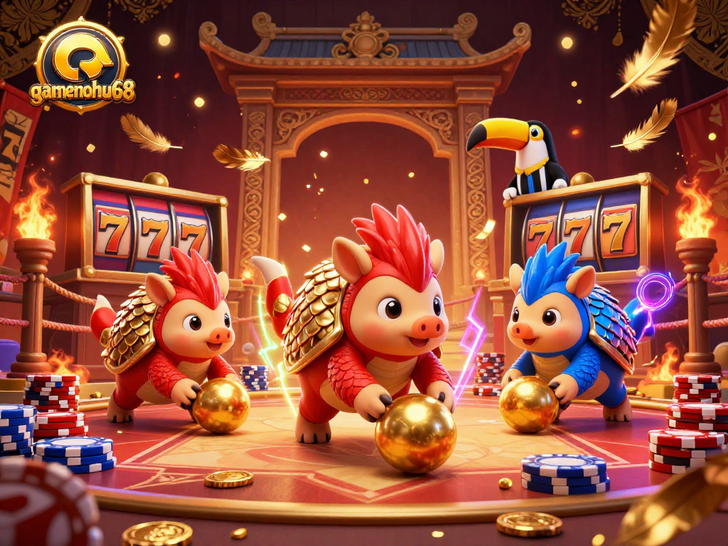 Enter the gamenohu68 casino realm with vibrant pangolins competing in a dynamic slot scene.