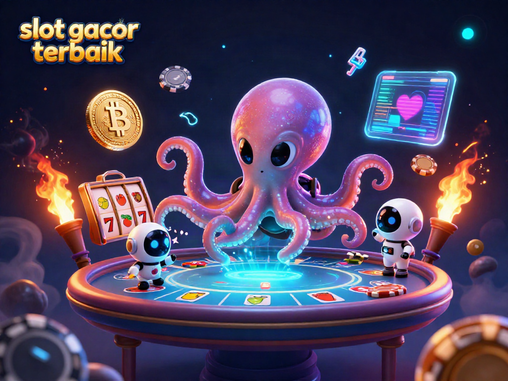 Permainan slot gacor terbaik dengan alien kartun dan robot dalam ilustrasi 3D yang menampilkan elemen kasino.