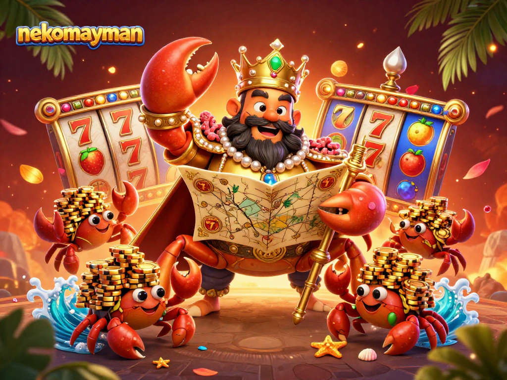 Neko May Mắn enhances gaming excitement with a golden crab emperor and fun slot elements.